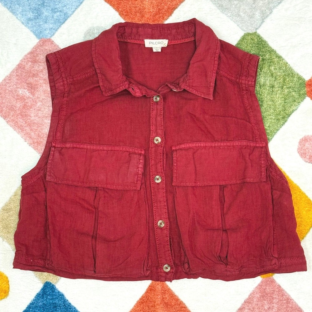 Pilcro Anthropologie Womens Small Burgundy Red Linen Blend Cropped Utility Vest