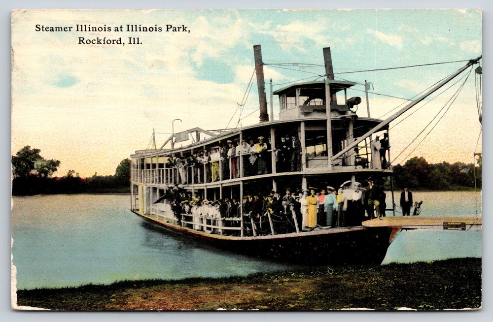 Steamship~Rockford Illinois~Park~Excursion Steamer Landing~People~c1910 Postcard