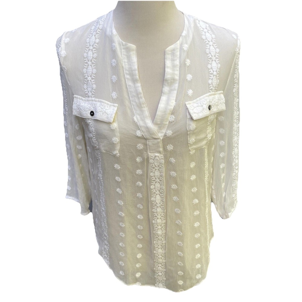Anthropologie Zoa New York Sheer Embroidered 100% Silk Blouse Ivory Womens Small