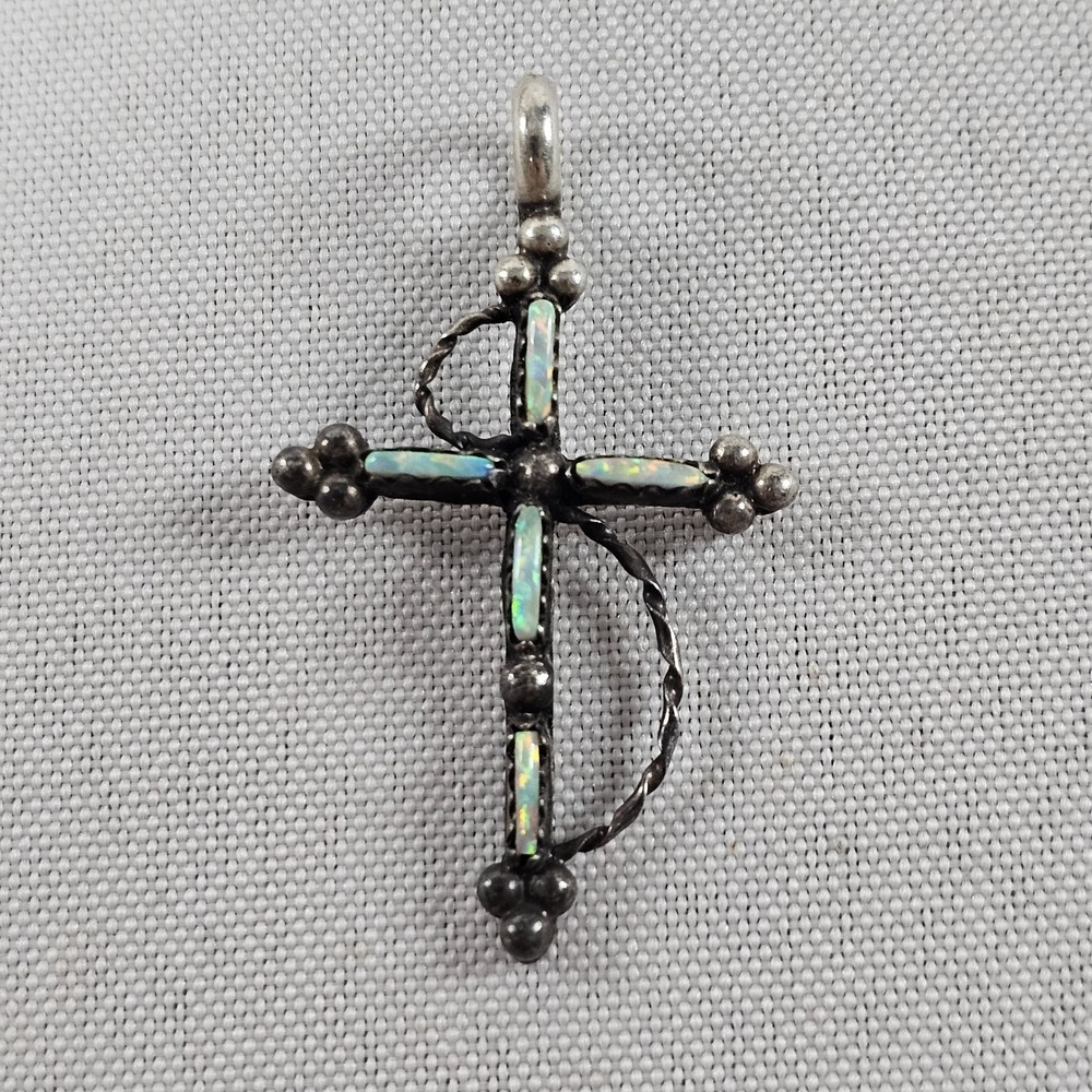 Vintage Ballou & Co. Sterling Silver & Opal Cross Pendant Oct Birthstone READ⬇