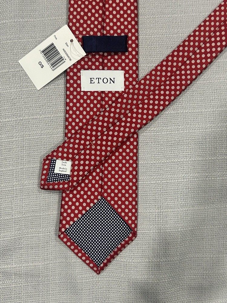 Eton 100% Silk Men's Tie Polka Dot Red White Pointed Logo One Size England Made