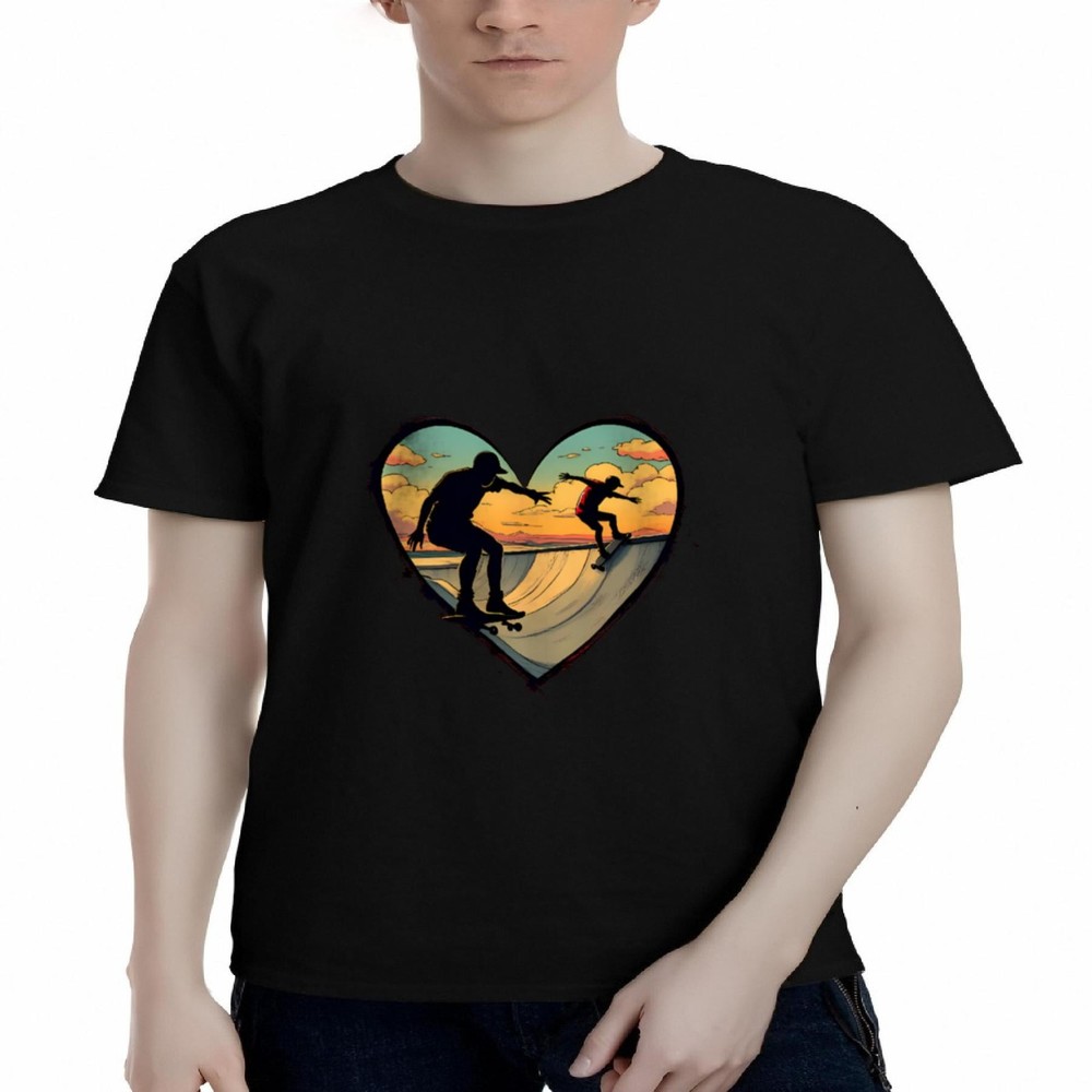 Men's Cotton Short Sleeve T-Shirt with Heart-Shaped Skateboarding Design Vibrant