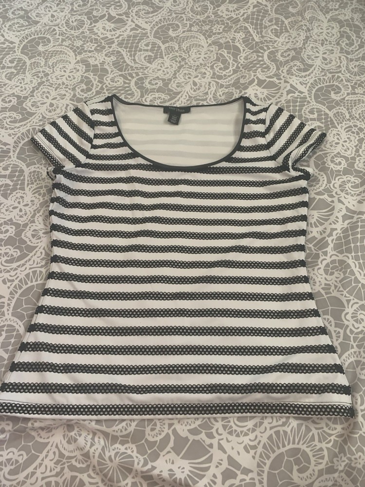 White House Black Market White Black Stripped Short Sleeve Top Shirt Size L Euc!