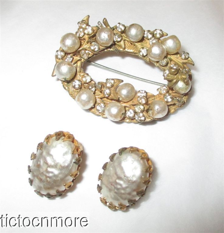 Vintage Miriam Haskell Baroque Pearl Oval Wreath Pin Brooch & Oval Earrings