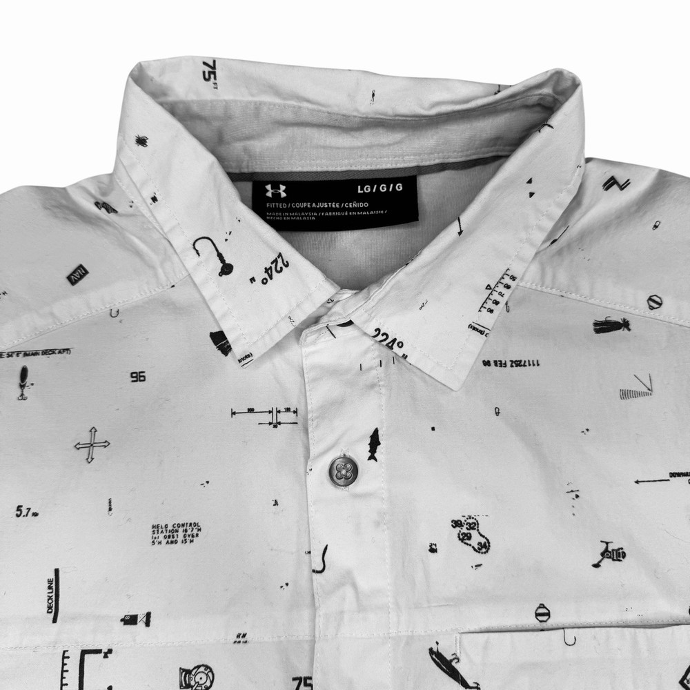 Under Armour Fitted Mens L White Button Up Short Sleeve Fishing All Over Print