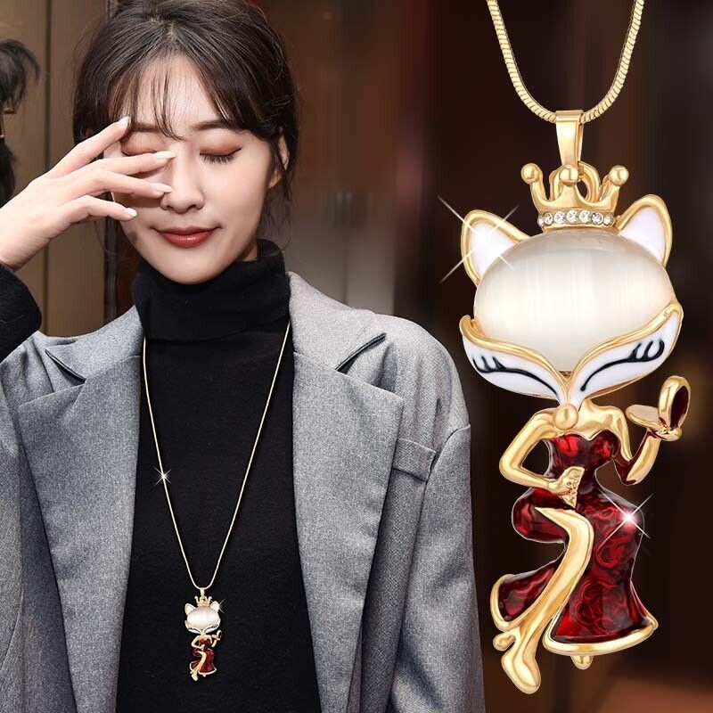Gold Plated Opal Fox Pendant Necklace for Women Girls Gift