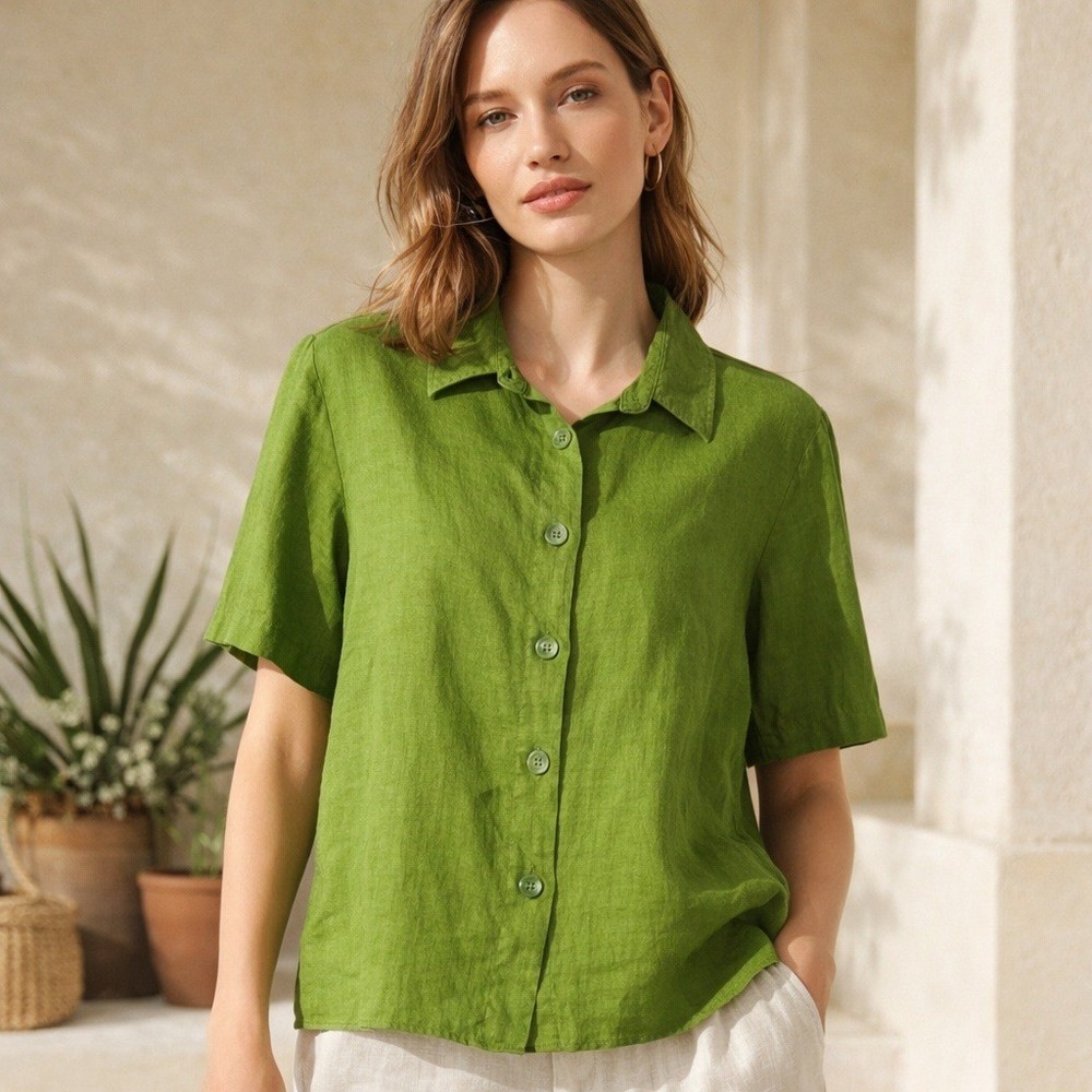 Benetton Womens Linen Button Front Shirt Sz L Green Lightweight Boxy Euro Summer