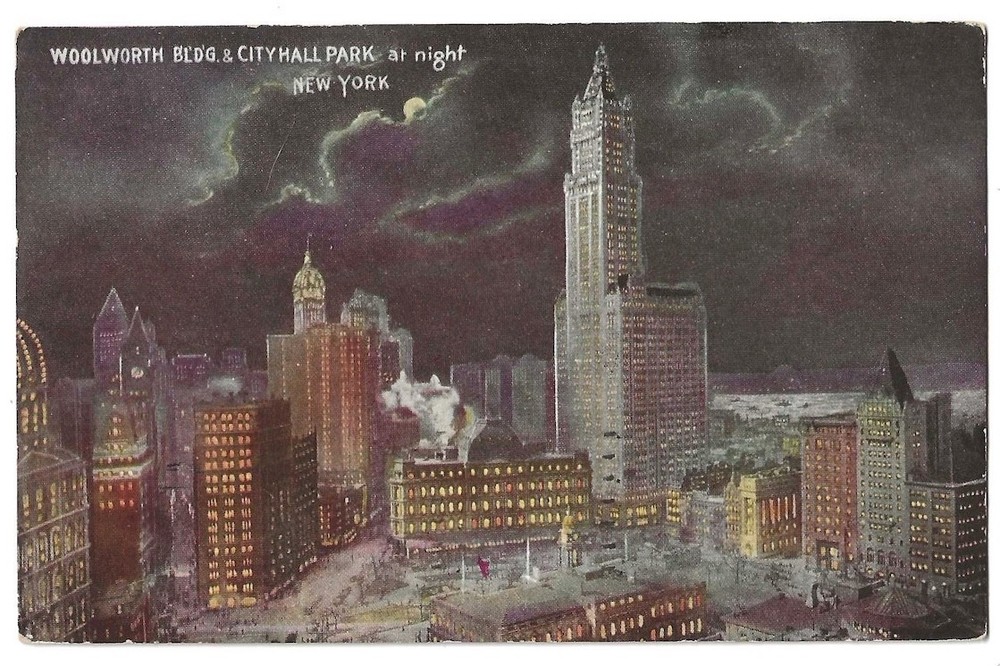 New York City, Lower Manhattan c1915 night, Woolworth Building, City Hall