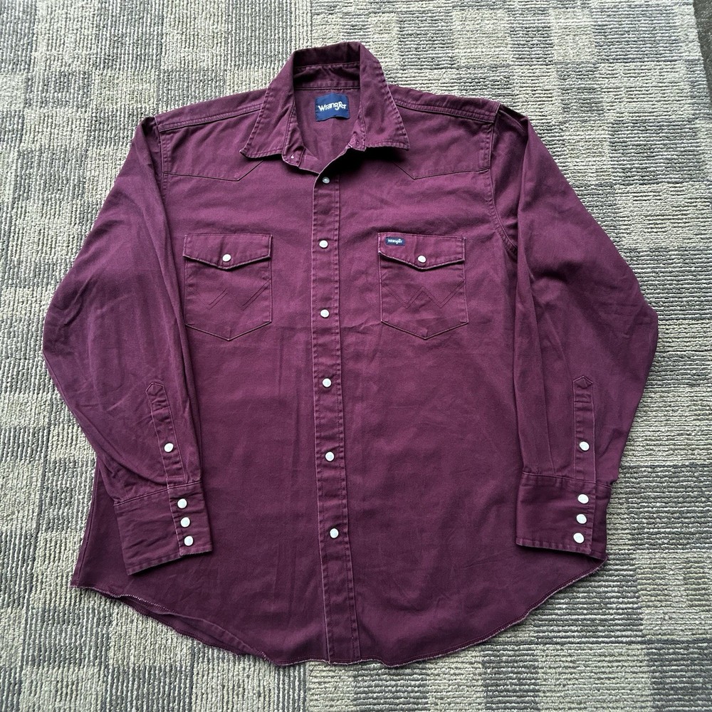 Vintage Wrangler Brushpopper Pearl Snap Western Shirt Maroon Mens XL