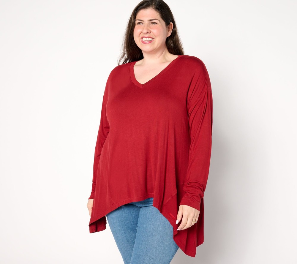 Peace Love World Women's Top Sz L V-Neck Long-Sleeve Sharkbite Hem Red A664015