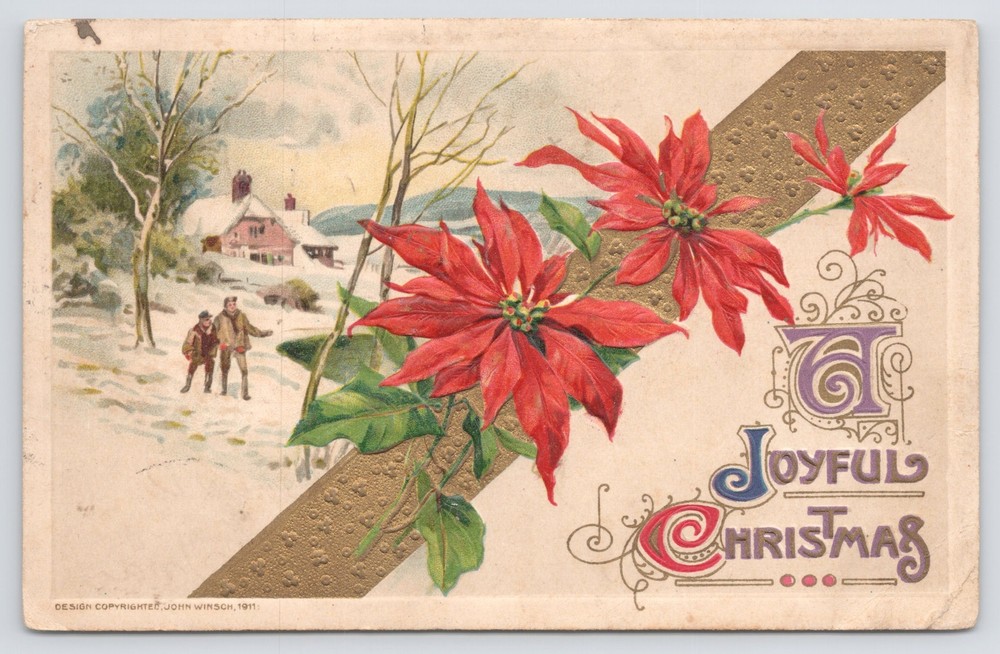 Christmas~Poinsettias On Gold Band~Man~Son In Snow~Emb~John Winsch~1912 Postcard