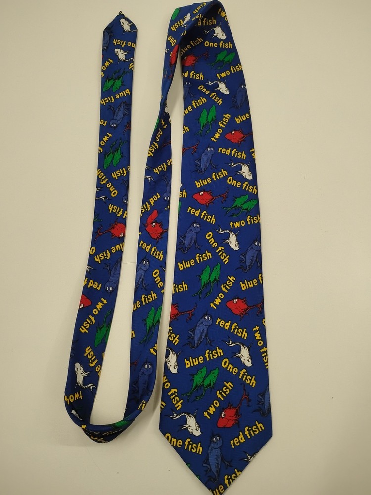 Dr. Seuss One Fish Two Fish Red Fish Silk Men's Blue Tie Necktie - School Office