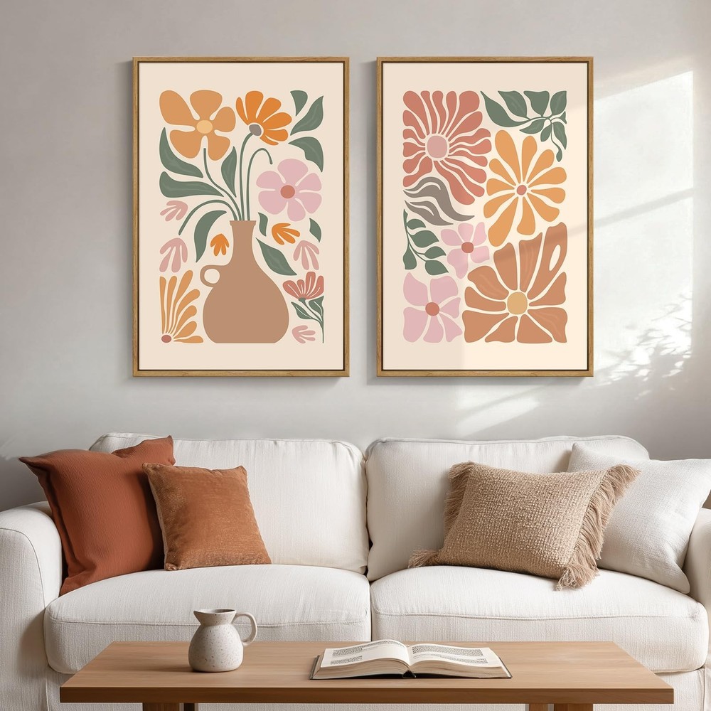 Framed Boho Floral Botanical Wall Art for Room Decor, Set of 2 Abstract Neutr...