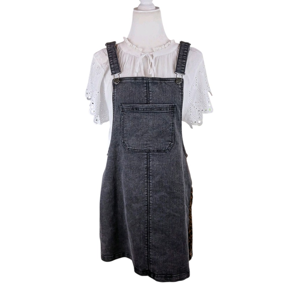 Tinseltown Y2k Black Denim Overall Dress Sixe XL leopard Trim Kangaroo Pocket