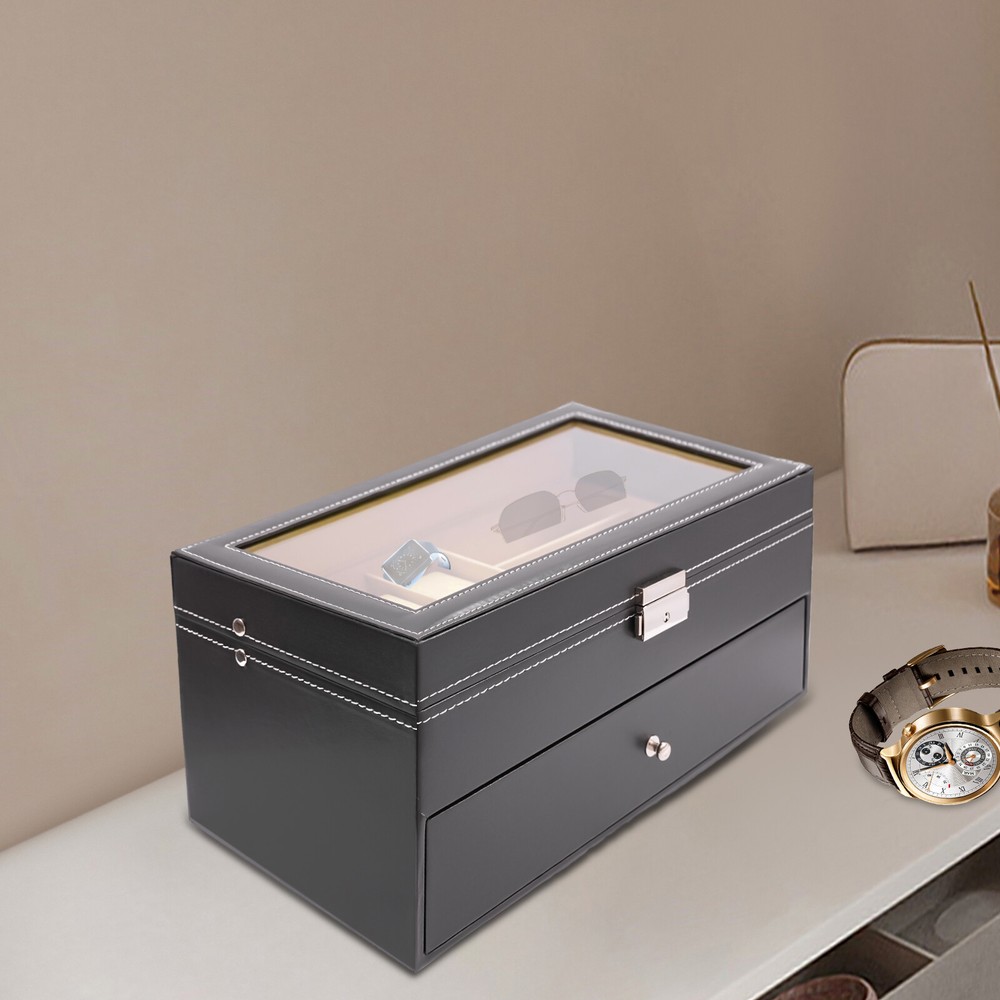 15-Slot Leather Watch & Eyeglass Organizer Box for Jewelry Storage
