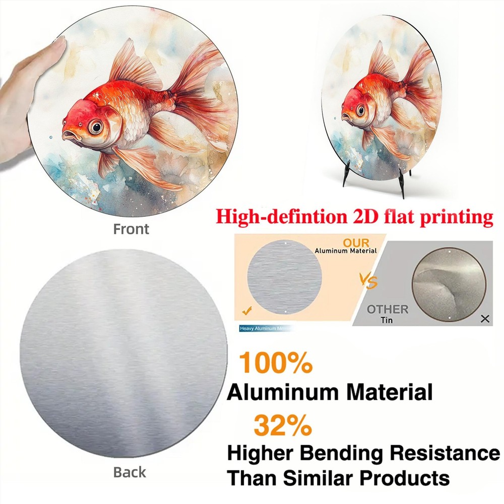 Vintage Goldfish Watercolor Metal Wall Art Round Aluminum Painting