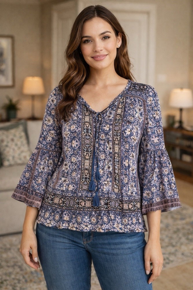 American Rag Cie Boho Floral Peasant Top Women’s M Tassel Tie Cottagecore