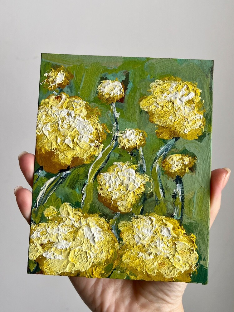 Original Impressionist Oil Painting Featuring Yellow and Green Floral Artwork