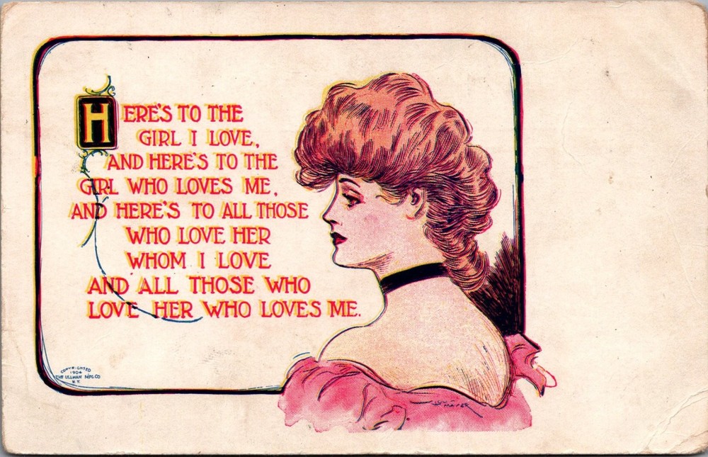 1908 J.M. Shafer Edwardian Woman Toast Poem Art Postcard Illusman Mfg.
