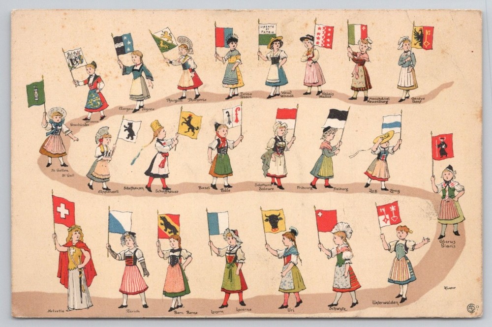 Vintage Switzerland Cantons Flag Postcard Swiss Folk Costumes