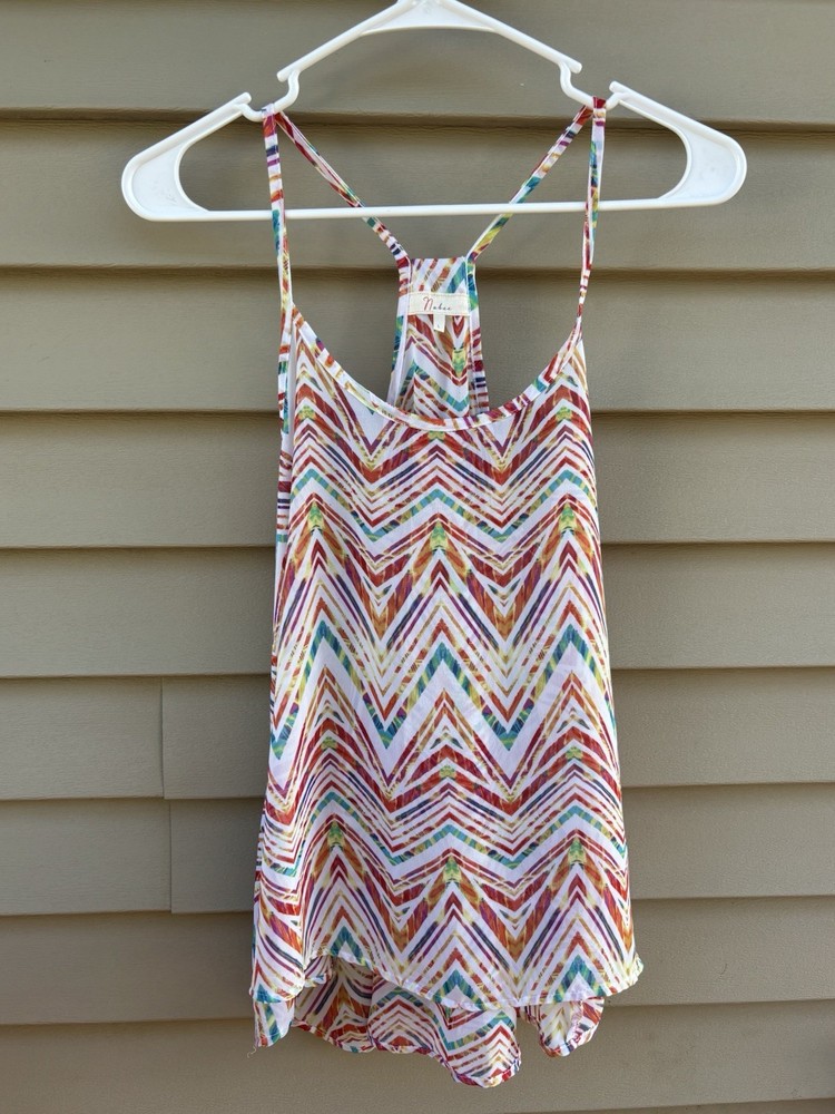 Nabee Womens Multicolor Chevron Zig Zag Strappy Tank Top Handkerchief Hem Shirt