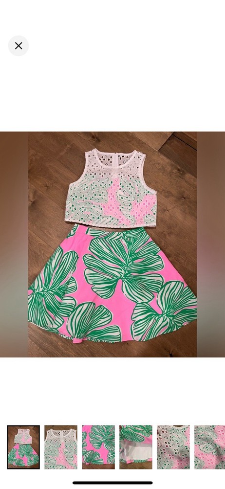 Lilly Pulitzer Floral Eyelet 2-Piece Set Pink Green Top & Skirt Size 14
