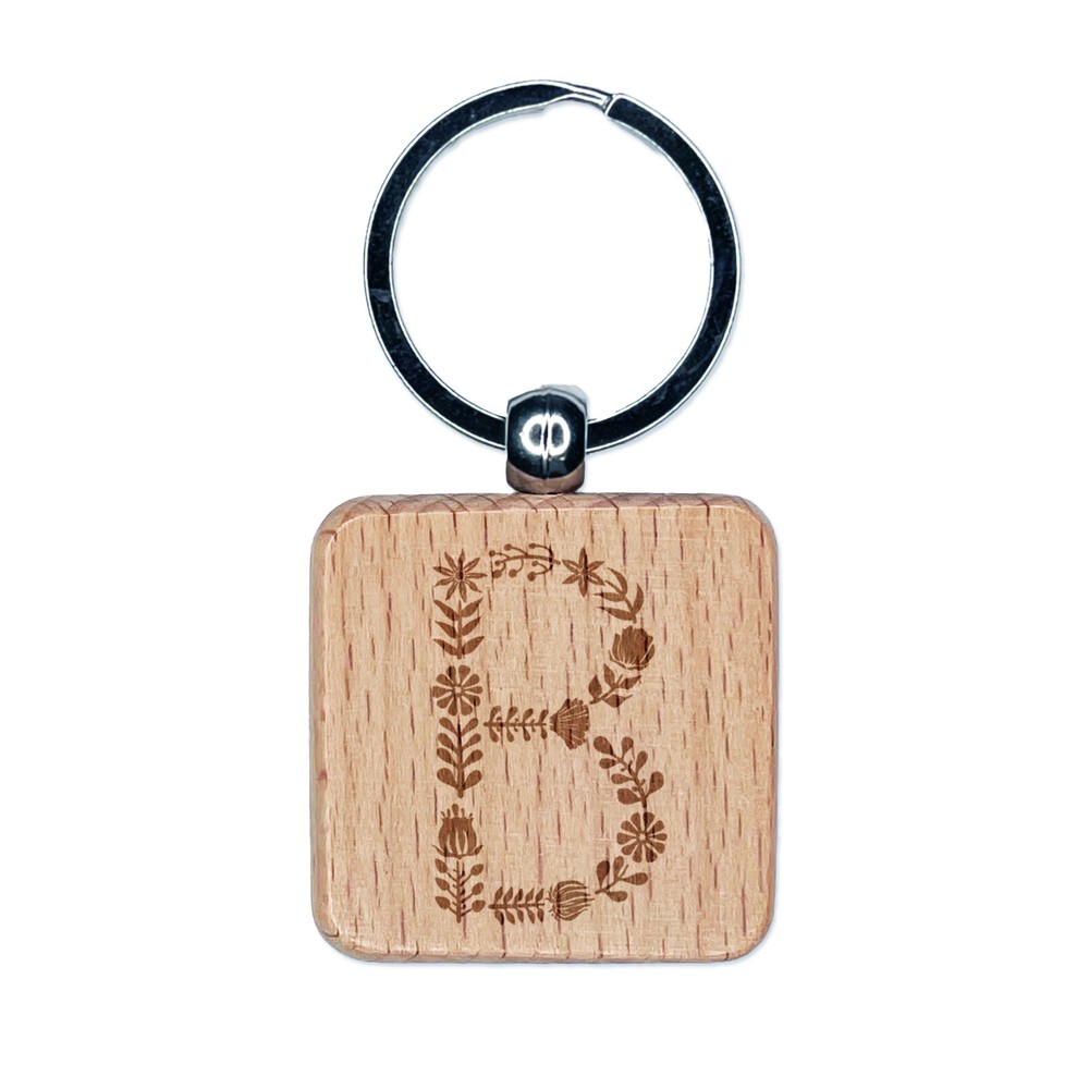 Elegant Botanical Floral Letter B Engraved Wood Square Keychain Tag Charm