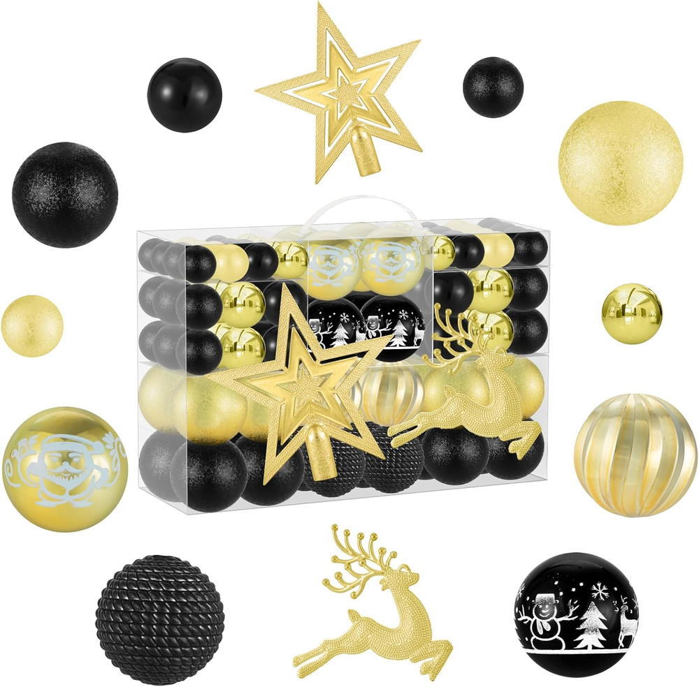 102PCS Black and Gold Christmas Ornaments,Assorted Plastic Shatterproof Christma
