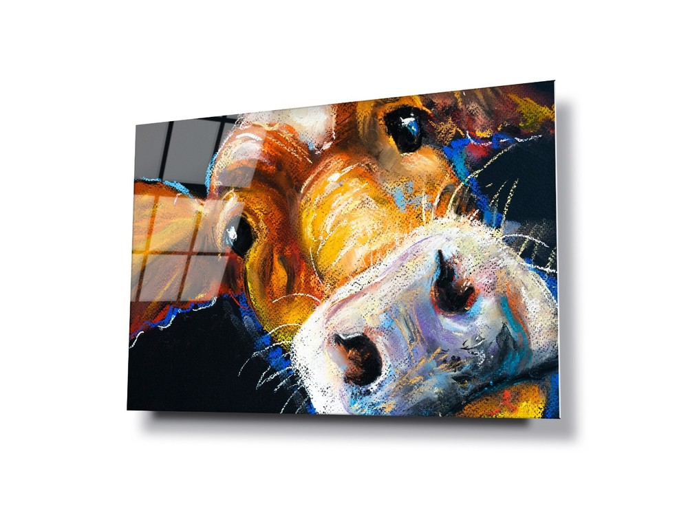 GLASS WALL ART Digital Printed HD MODERN COW PORTRAIT COLOURFUL