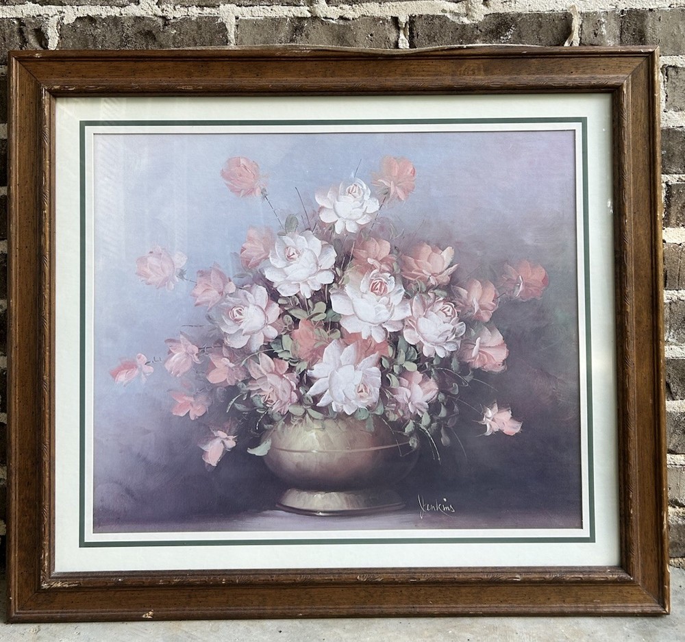 Jenkins Signed Still Life Floral Roses in Vase Landscape Print Matted Framed