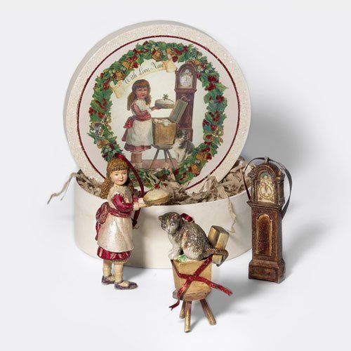 VICTORIAN Era CAT GIRL & CLOCK Retro Christmas Ornaments in Box Dept 56 NEW