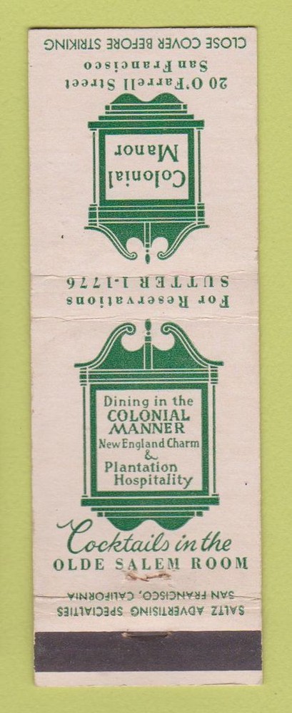 Matchbook Cover - Colonial Manor Restaurant San Francisco CA