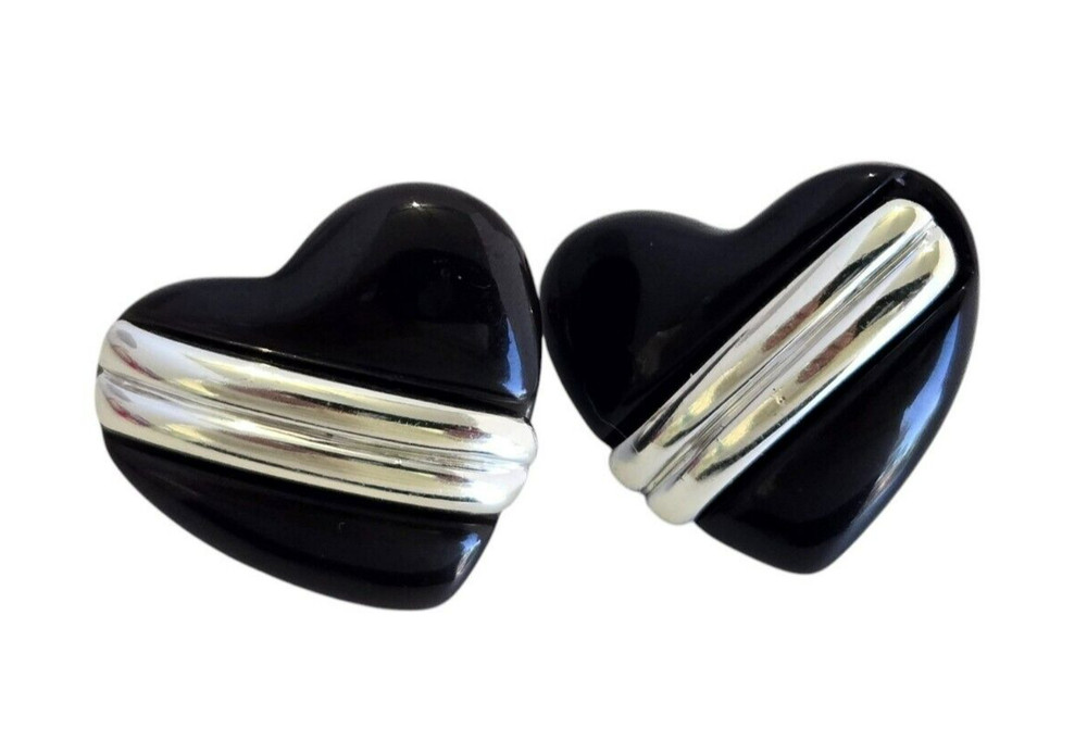 Vintage 80's Black Lucite Heart Earrings w/ Silver Stripe Overlay