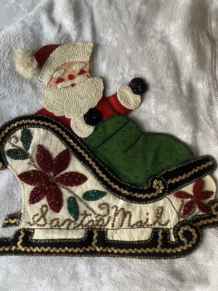 Vintage Bucilla? Felt&Sequin “Santa In A Sled”Wall Hanging/Mailbag.