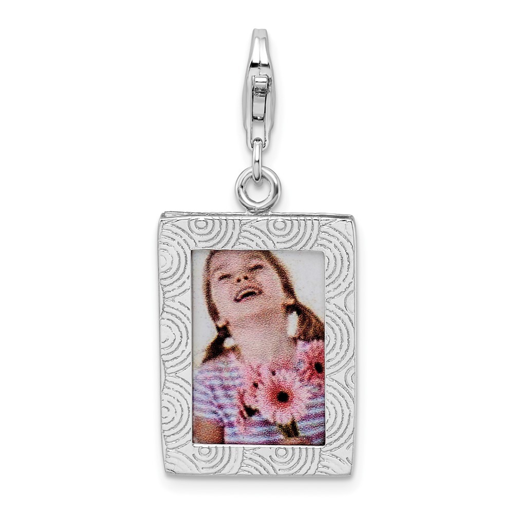 Sterling Silver Polished Picture Frame Charm Pendant with Fancy Lobster Clasp