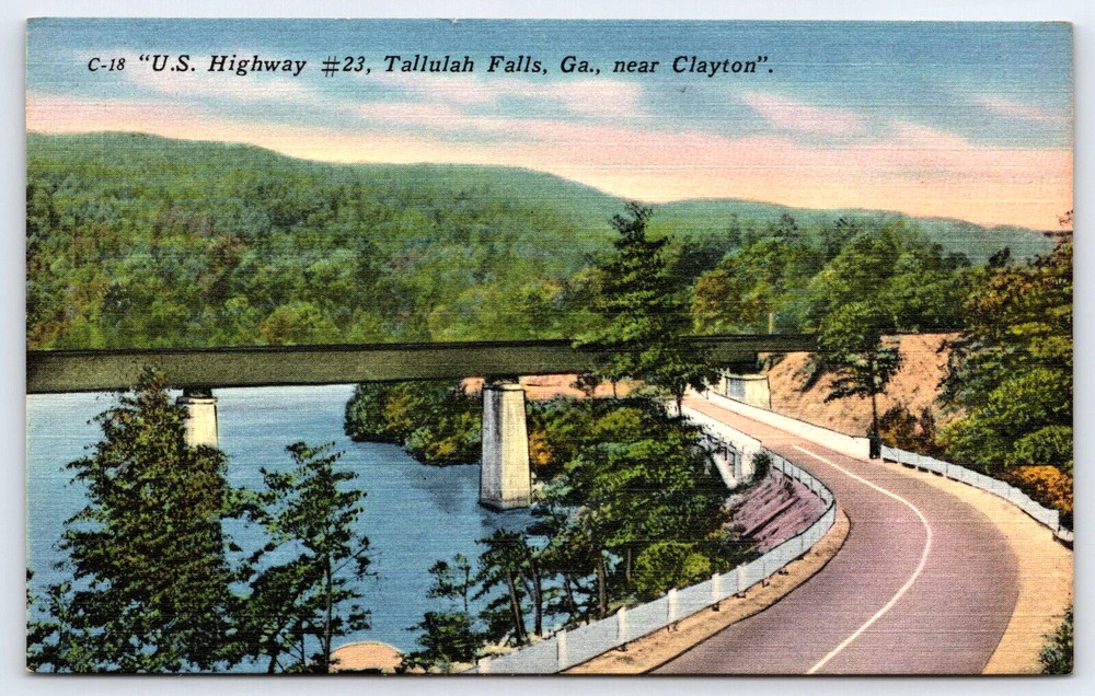 Tallulah Falls Georgia U.S. Highway 23 Road River Mountains Vintage Postcard