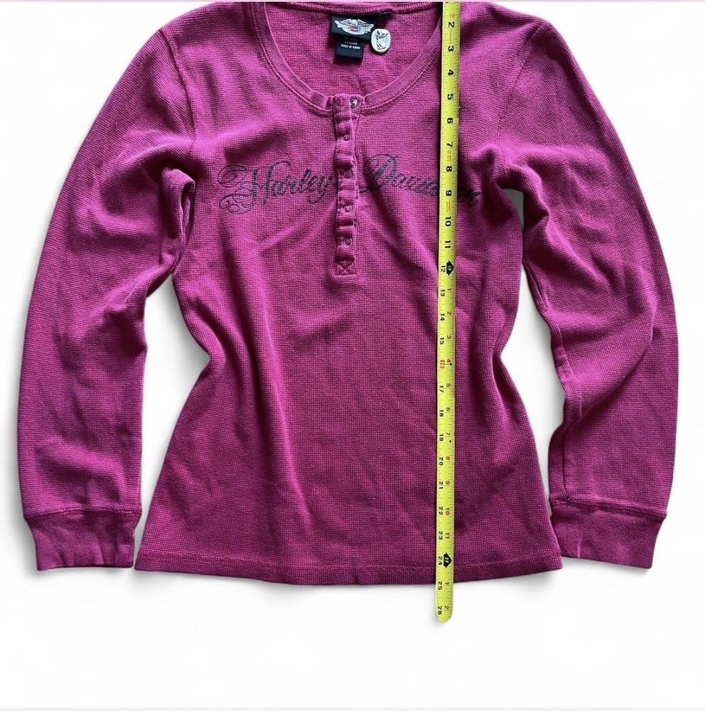 Y2K women's L, Harley Davidson Pink waffle knit Henley, Graphic, Top Button Gone