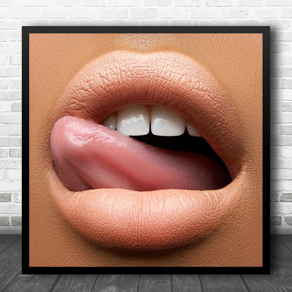 Mouth Teeth Lips Lip Tongue Macro Peach Beauty Square Wall Art Print