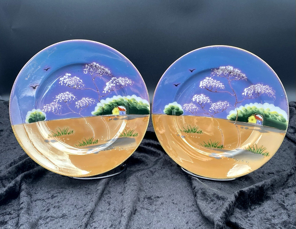 Pair (2) - MCM Japan Salad Plates, Orange/Blue Lusterware, Hand-Painted, 7.5