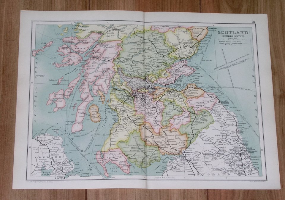 1909 Antique Map Of Southern Scotland / Glasgow Edinburgh Argyll Perth Ayr