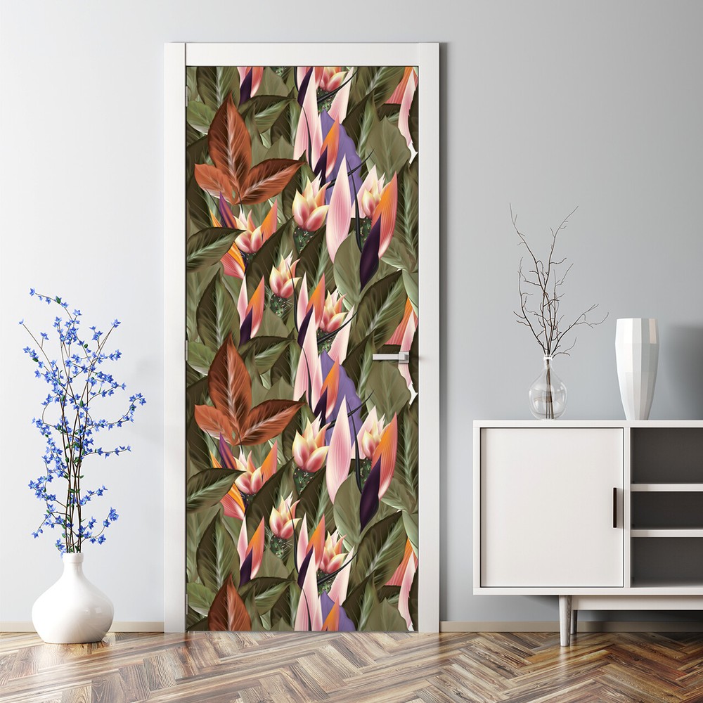 Bubble Free Door sticker Tropical shrubs Green with leaves Renters self adhesive