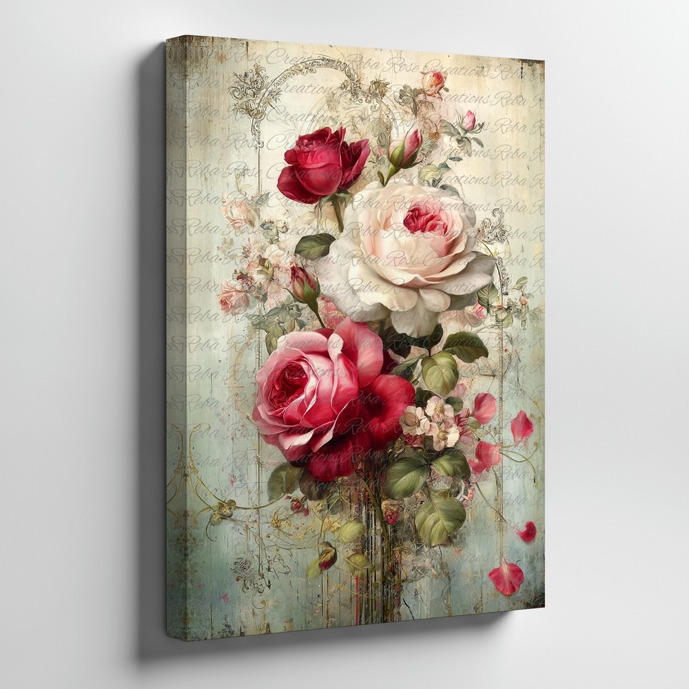 Vintage Style Floral Canvas Wall Art Red And White Rose Bouquet Print Home Decor