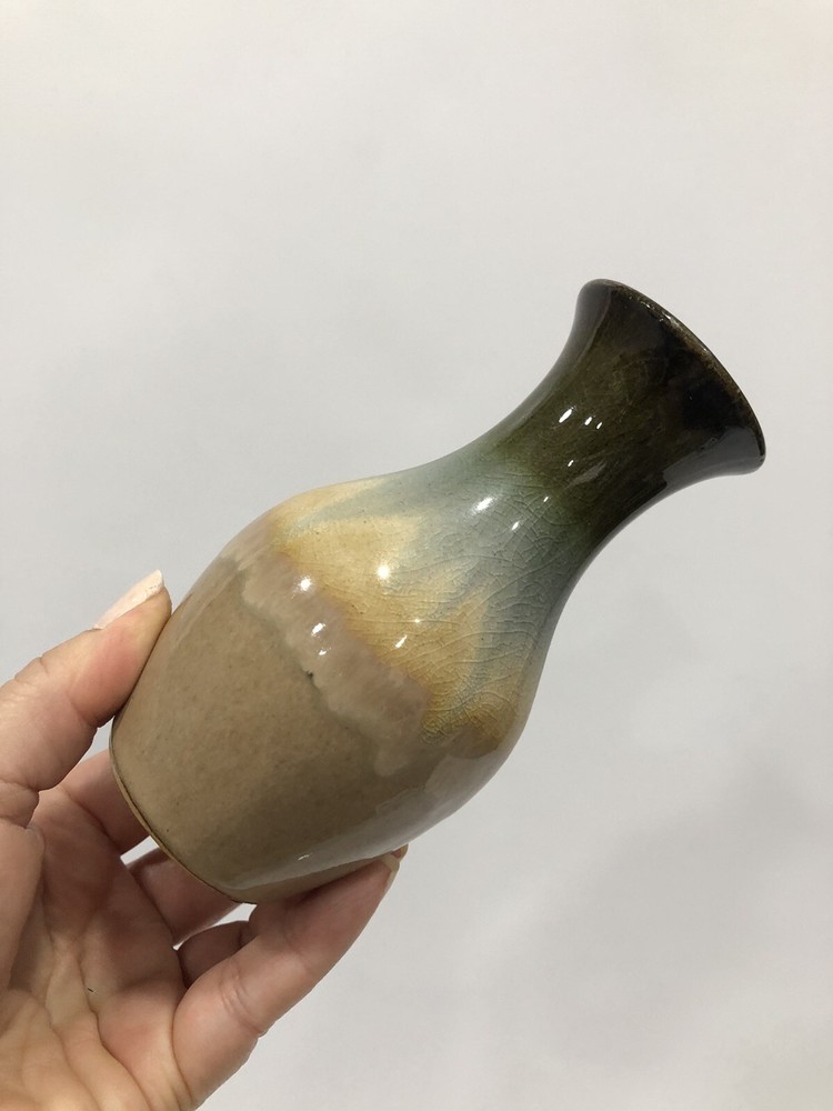 Handmade Glazed Pottery Stoneware Glaze Blue Brown Drip Vase 5.5” Tall