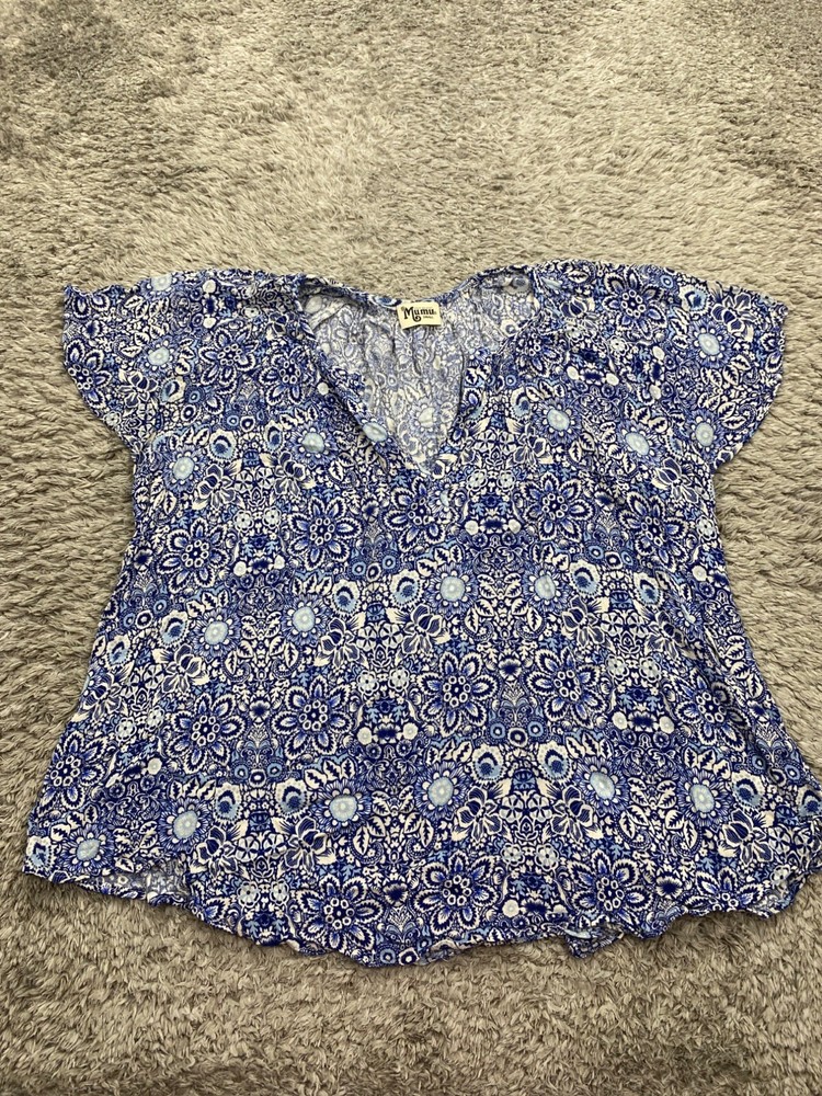 Show Me Your Mumu Top Women Small Kylie Blue Geometric Floral V Neck Blouse