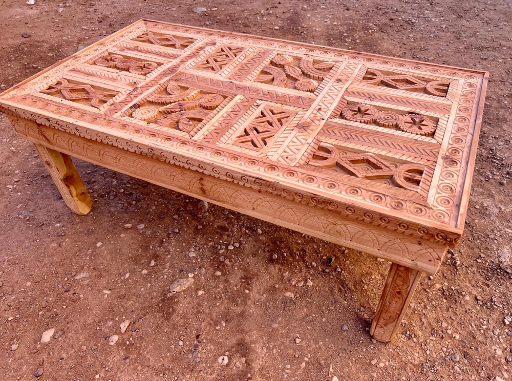 Custom Moroccan Carved Wood Coffee Table with Geometric Antique Design