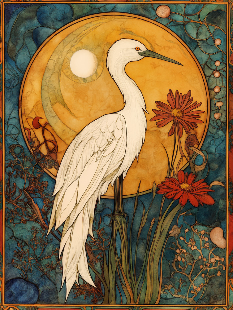 Egret with Sun and Red Flowers in Art Nouveau Style Poster 18x24in