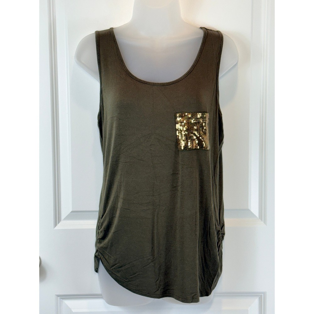 Studio Y Olive Green Ruched Side Tank Top Sequin Pocket Size L
