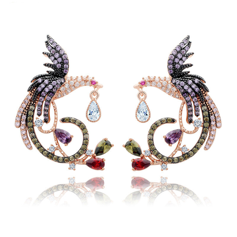 Rose Gold Plated Phoenix Bird CZ Zircon Drop Earrings for Women