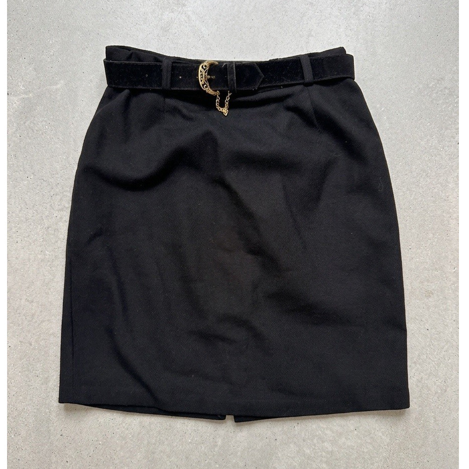 Jessica Scott Petite Black Pencil Skirt Knee Length with Belt Buckle Accent
