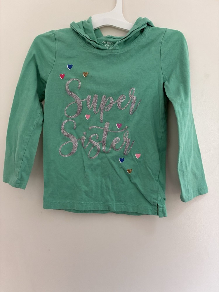 Carter's Kids Girls Glitter Super Sister Cotton Hooded Long Sleeve Shirt Green 4
